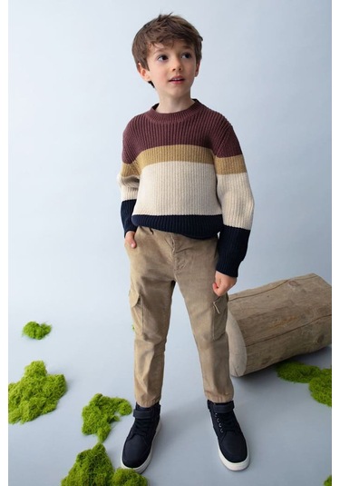 Erkek Çocuk Renk Bloklu Bisiklet Yaka Triko Kazak - Çok Renkli Mor