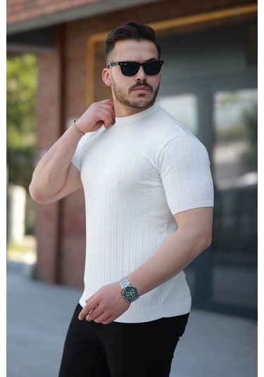 Erkek Bisiklet Yaka Örgü Desenli Kısa Örme Triko Kısa Kollu T-shirt Beyaz