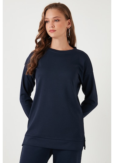 Lela Streç Oversize Fit Bisiklet Yaka Modal Kumaş Bayan Sweat 5865877 Lacivert