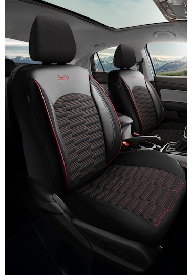 Siyah - Kırmızı Butti Libro Serisi Keten Kumaş Premium Oto Koltuk Kılıfı Destekli, Ön Arka Tam Set