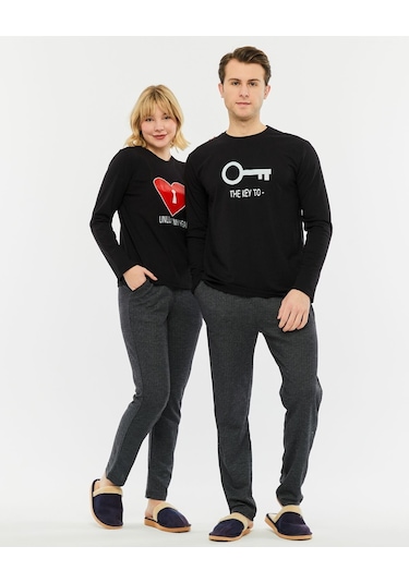 Bella Dossi Çiftlere Özel Kombin Kalbimin Anahtarı Pijama Takımı Siyah
