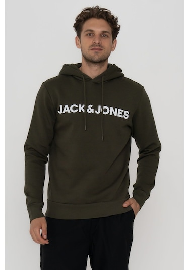 Jack & Jones Erkek Logo Baskili Kapüsonlu Sweatshirt - Deldrick 12193083 Forest Night Siyah