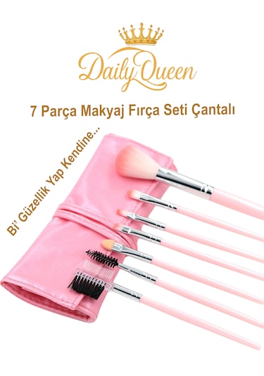 Daily Queen 7 Parça Makyaj Fırça Seti Penbe Deri Çantalı Lüx Ve Kaliteli