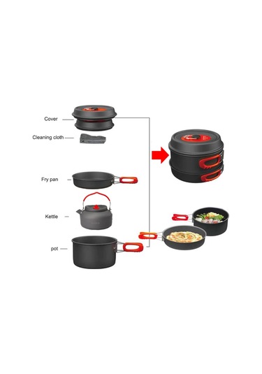 Alocs 2 3 Kişilik Kamp Tencere Tava Çaydanlık Seti Pro Seri Çok Renkli