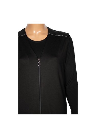 Hesna Kadın Bengü Büyük Beden Fermuarlı Cepli Penye Siyah Yelek Siyah