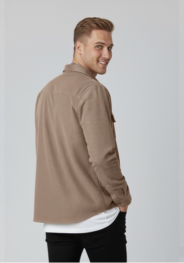 Deepsea Vizon Cepli Likralı Kadife Kumaş Rahat Kesim Erkek Gömlek Yumuşak Dokulu, Şık Tasarım Gömlek 2600759 Vizon