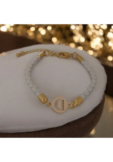 Archin Piyano Temalı Doğal Beyaz Derili Ay Motifli 14 Ayar Altın Plakalı Hediye Bileklik-477sembol Piyano