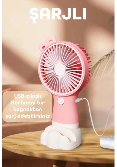 Şarjlı Telefon Standlı Mini El Fanı Sessiz Taşınabilir Masa Vantilatörü Pembe