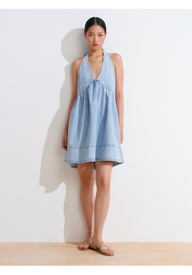 Dilvin 90571 Önü Büzgülü Mini Denim Elbise-mavi Mavi