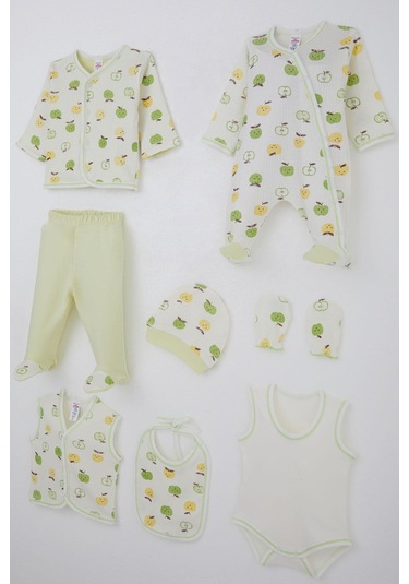 Breeze Erkek Bebek Hastane Çıkışı 8 Li Sevimli Minik Elma Desenli 0-3 Ay, Ekru Ekru