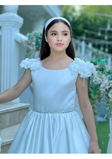 Prenses Çiçek Detaylı Tarlatanlı Beyaz Abiye Elbise Beyaz