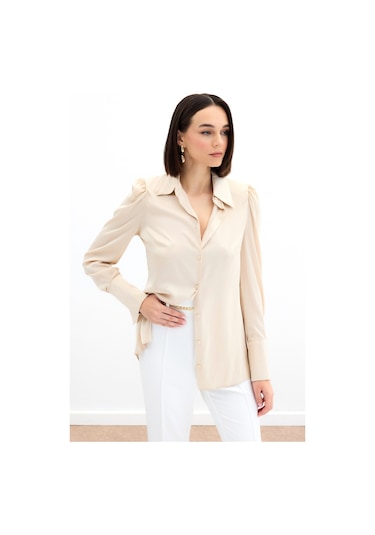 Sateen Vatkalı Saten Gömlek - Bej