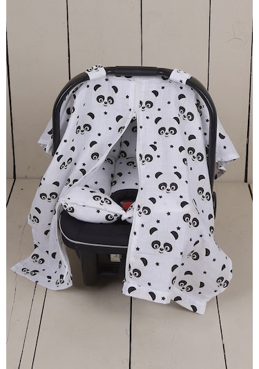 Panda Müslin Bezi Puset Örtüsü Ve Anakucağı Minderi Beyaz - Siyah