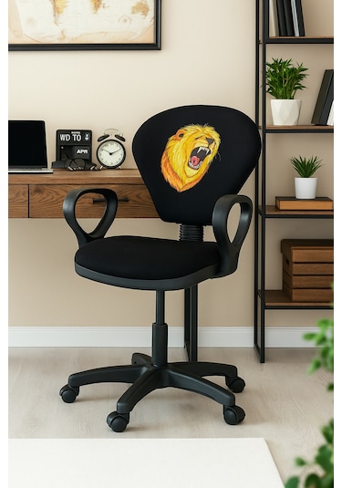 Gs Aslan Taraftar Temalı Sarı-kırmızı Çocuk Çalışma Koltuğu Ofis Koltuğu Tekerlekli Sandalye Siyah