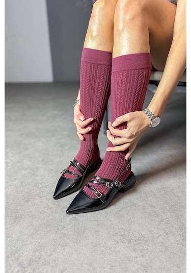 Günlük Kadın Rugan Sivri Burunlu Ayarlanabilir Kemerli Baretli Kısa Blok Topuklu Ayakkabı 455 - 54 Siyah