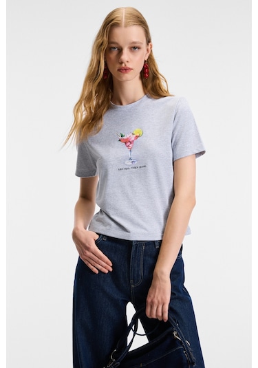 IVONNE Kadın Cocktail Baskı Desenli Kısa Kollu Organik Pamuklu Bisiklet Yaka Crop Grimelanj T-Shirt