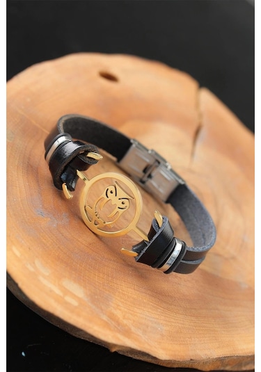 Gold Renk Baykuşlu Metal Aksesuarlı Siyah Renk Deri Erkek Bileklik Çok Renkli