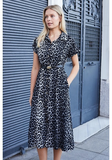 Kadın Desenli Yakalı Düşük Omuzlu Duble Kol Kemerli Midi Boy Elbise Deri Kemer Dahil -antrasit Leopar Antrasit Leopar