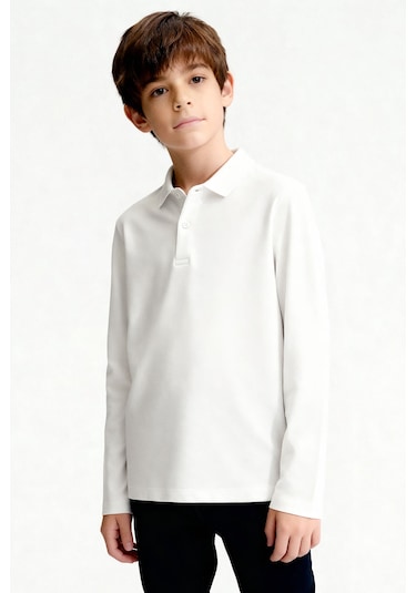 Tommylife Beyaz Polo Yaka Basic Uzun Kollu Erkek Çocuk T-shirt - 11170 Beyaz