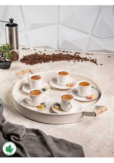 Lin Metal 37cm Yuvarlak Tepsi Ahşap Kulplu Kaktüs Baskılı - Krem