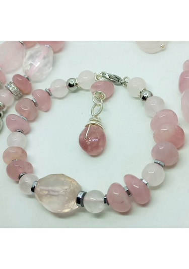 2729 Pembe Kuvars Hematit Çelik Aparatlı El Yapımı Bileklik Açık Pembe