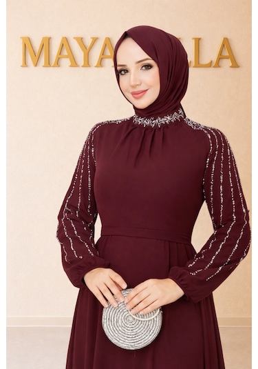 Mayabella İşlemeli Abiye Tesettür 20251311-mb3 Bordo Bordo