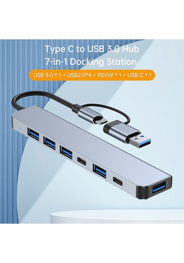 Gajeena Alüminyum 7 Portlu Usb Hub: Usb 3.0 5gbps + 4x Usb 2.0 + Pd 5w + Usb-c Çevirici, Gri