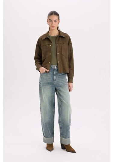 DeFacto Crop Çıtçıtlı Cepli Süet Gömlek Ceket B2983AX24WNKH447 Haki