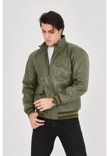 Erkek Fermuarlı İçten Elyaf Ve Astarlı Suni Deri Ceket - Koyu Yeşil Çok Renkli