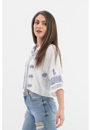 Antik Desenli Kolları Püsküllü Gömlek - Saksmavisi-saksmavisi Saks