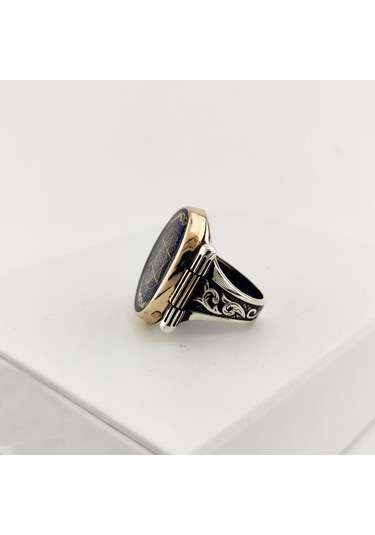 925 Ayar Gümüş Mavi Mineli Motifli Mührü Süleyman Erkek Yüzük Silver