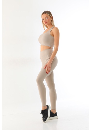Kallima Bej Toparlayıcı Yüksek Bel Fitilli Spor Tayt-crop Takım