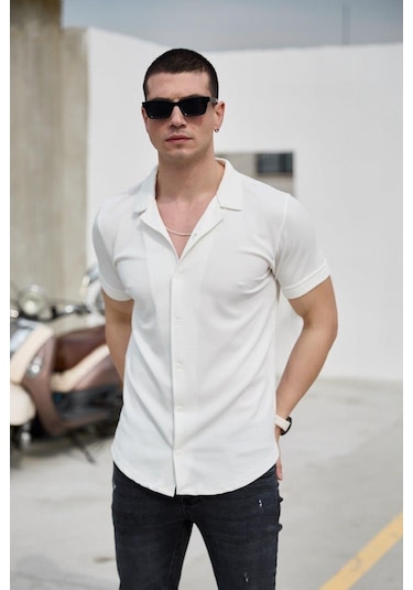 Beyaz Renk Dokulu Kısa Kol Erkek Gömlek-1585 Beyaz