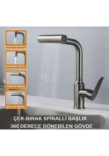 Boheme Fleko Çok Modlu Spiralli Mutfak Evye Bataryası Şelale Yağmurlama Fonksiyonel Antrasit