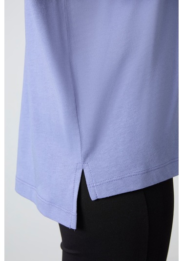 Tommy Life Açık Eflatun Penye Modal Yumuşak Tuşeli Oversize Fit Basic Kadın T-shirt- 97285 Eflatun