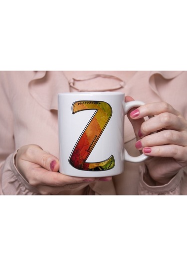 Z Harf Yaprak Renkleri İle Kupa Bardak - Kişiye Özel Alfabe Harfli Bardak - Hediye Beyaz