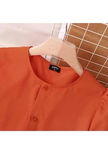 Gül Vonda Kadın Yaz Yuvarlak Yaka Puf Kısa Kollu Düğmeli Düz Renk Bol Bluz Gül