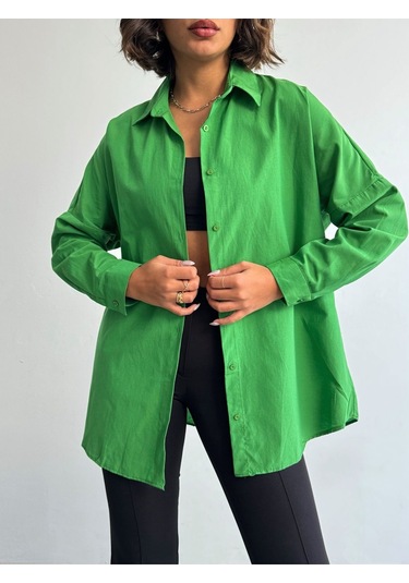Kadın Oversize Uzun Basic Gömlek Yeşil