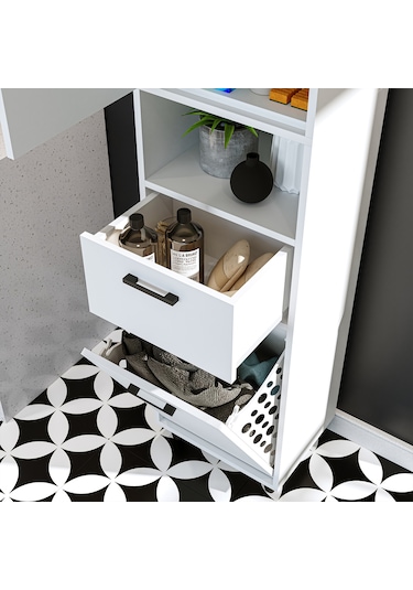 Çamaşır Sepetli Banyo Dolabı, Çok Amaçlı Çekmeceli Dolap 45 X 200 Mat Beyaz Çamaşır Sepetli Banyo Dolabı, Çok Amaçlı Çekmeceli Dolap 45 X 200 Mat Beyaz