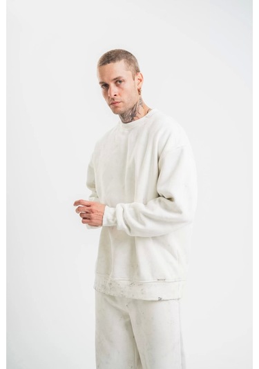 Unisex Uzun Kol Bisiklet Yaka Yıkamalı Sweatshirt - Beyaz Beyaz