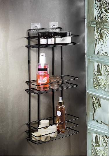 3 Katlı Siyah Yapışkanlı Banyo Rafı, Şampuanlık Duş Düzenleyici, Paslanmaz Metal Banyo Duvar Askısı - TŞ-03