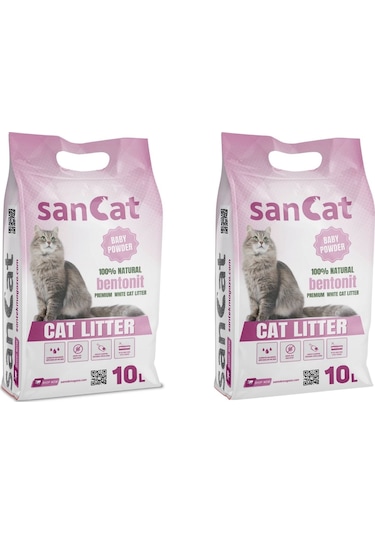 Sancat Premium Bebek Pudrası Kokulu Topaklaşan Beyaz Bentonit Kedi Kumu 2 x 10 L