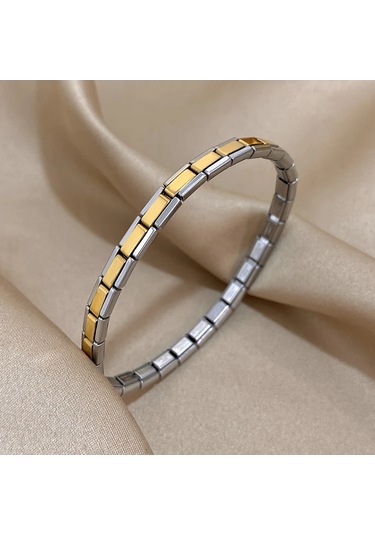 Çelik Bileklik İnce İtalyan Charm Model Unisex Erkek Kadın 3 Mm 18 Cm Ortası Altın Sarısı Kenarı Gümüş Altın - Gümüş
