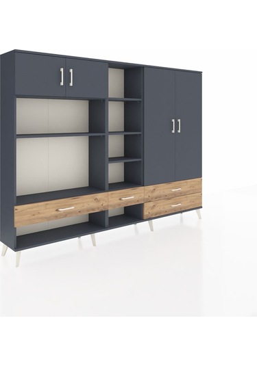 Arges Dolap 12 Raflı 4 Çekmeceli 4 Kapaklı 220x30x163 Antrasit-an Antrasit-antrasit/çam