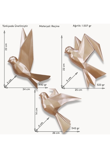 Mouette 3'lü Dekoratif Kuş Vizon