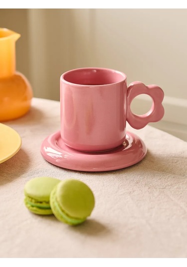 Roomi Seramik Çay Takımı 325 Ml, Kup Ve Halka Desenli Fincan Takımı 458193317 Pembe