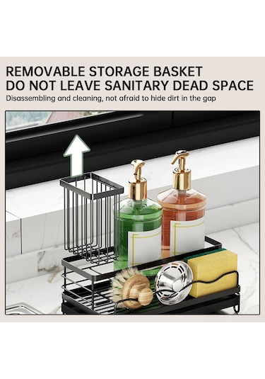 Yaozixa Paslanmaz Çelik Mutfak Sünger Tutucu - Ayarlanabilir Su Çıkışlı Ve Çıkarılabilir Fırça Askılı Siyah