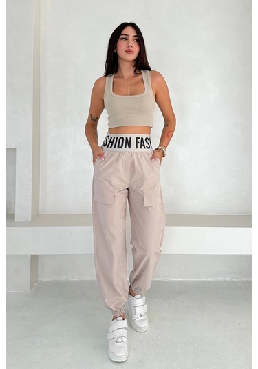 Beli Lastikli Fashion Pantolon Krem Krem
