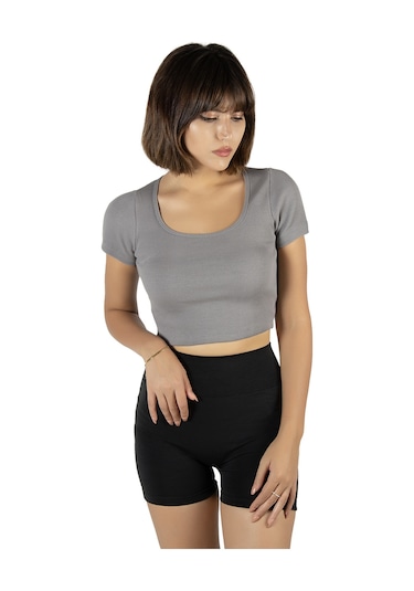 Gri Havuz Yaka Fitted/vücuda Oturan Kısa Kol Crop Tişört Gri