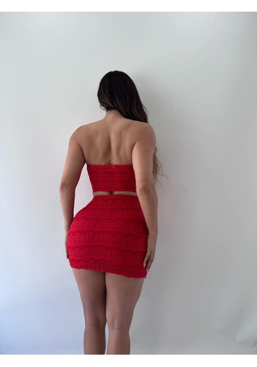 Kırmızı Dantel Strablez Tokalı Etekli İkili Takım Kırmızı